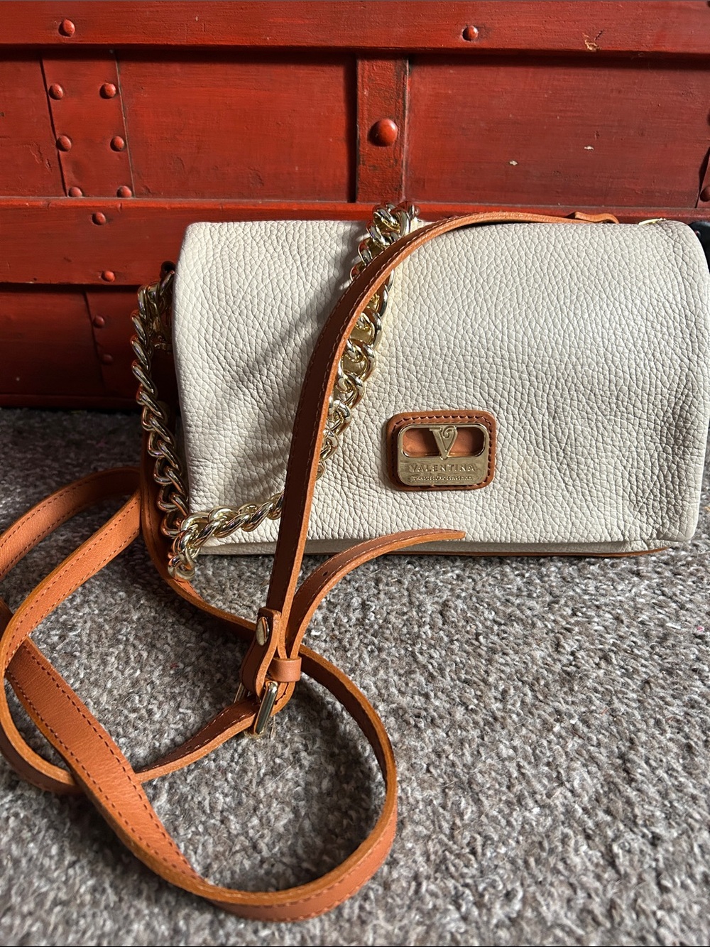 Valentina White and Tan Pebbled Leather Crossbody with Gold Chain